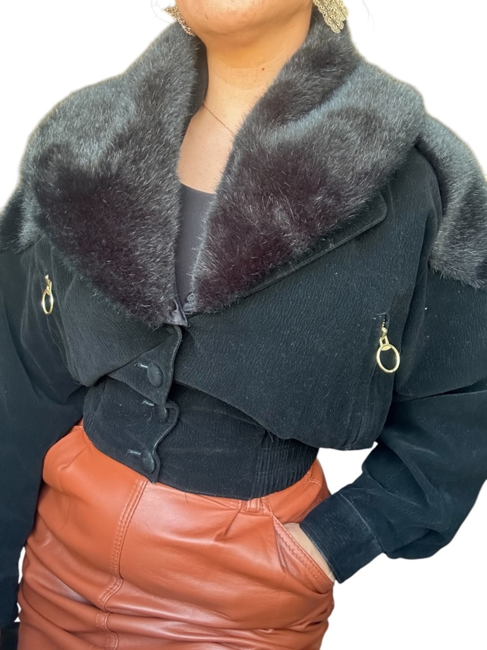 Faux Suede Cropped Jacket w/ Removable Faux Fur Collar | Luxe Statement- Small - Picture 7 of 12
